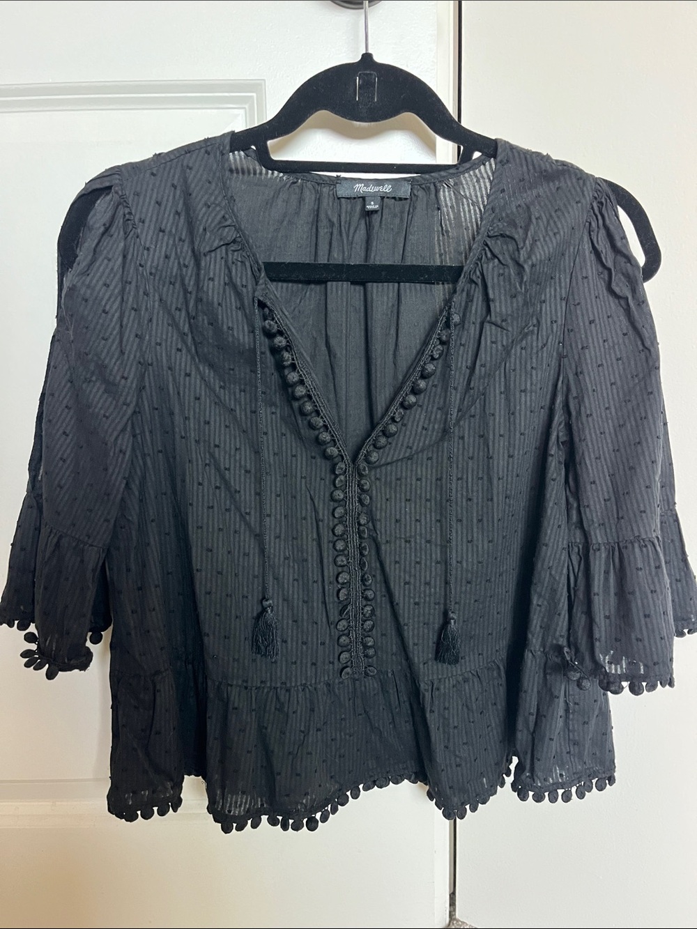 Madewell Black Pom-Pom Trim Peasant Blouse